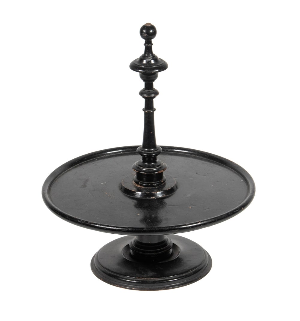 VINTAGE PAINTED DISPLAY TRAY WITH LAZY SUSAN: VINTAGE PAINTED DISPLAY TRAY WITH LAZY SUSAN Black Painted Revolving Tray, with dished edge, turned carry handle, set on a turned pedestal and foot. Size: 14 x 12 x 12 in. (35.6 x 30.5 x 30.5 cm.)