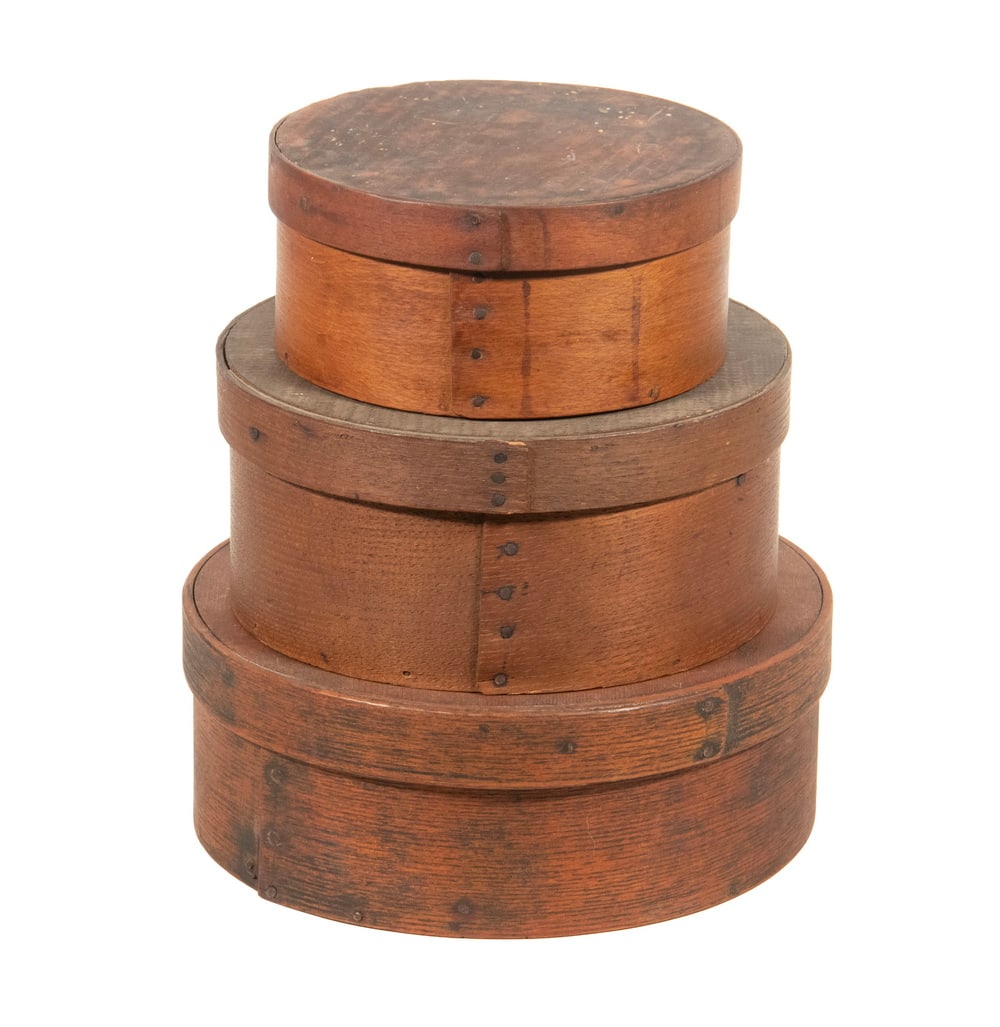(SET OF 3) 19TH C. SHAKER GRADUATED PANTRY BOXES: (SET OF 3) 19TH C. SHAKER GRADUATED PANTRY BOXES Found in Muncy, Penn., ash and oak, straight joint, in remnants of red paint. LGST: 3 1/8 x 9 x 9 in. (7.9 x 22.9 x 22.9 cm.), SMST: 2 3/4 x 6 x 6 in. 