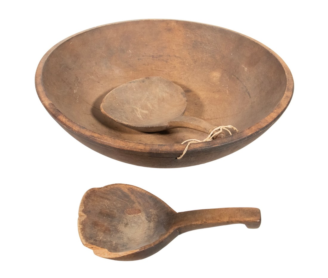 (3 PCS) 19TH C. FOLK ART TREENWARE: (3 PCS) 19TH C. FOLK ART TREENWARE Chopping Bowl with (2) Scoops. Hardwood, has shrinkage cracks; one scoop is chipped. Bowl: 4 x 16 in. (10.2 x 40.6 cm.), scoops: approx. 6 in. (15.2 cm.)