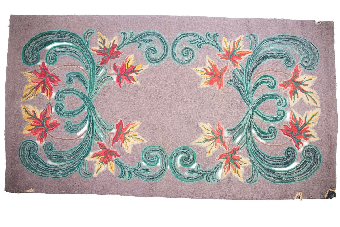 HOOKED RUG MAPLE LEAVES MID 20TH .: HOOKED RUG MAPLE LEAVES MID 20TH . Fall Maple Leaves and Green Scrolled Vines on caramel field. Size: 30 x 57 in. (76.2 x 144.8 cm.)