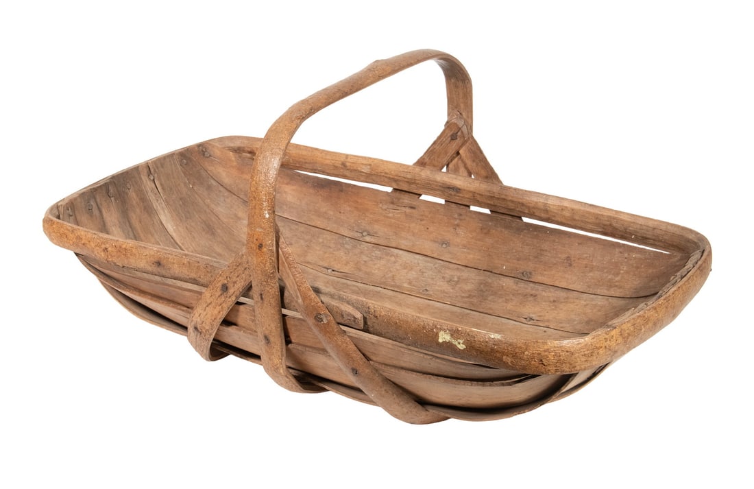 ENGLISH BENT WOOD GARDEN TRUG: ENGLISH BENT WOOD GARDEN TRUG Vintage Finely Crafted Large Gathering Basket, in bent wood with iron nails, with nicely patinated surface. Size: 12 x 15 x 26 1/2 in. (30.5 x 38.1 x 67.3 cm.)