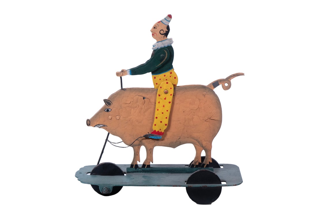 CLOWN RIDING PIG METAL PULL TOY (1 of 1)