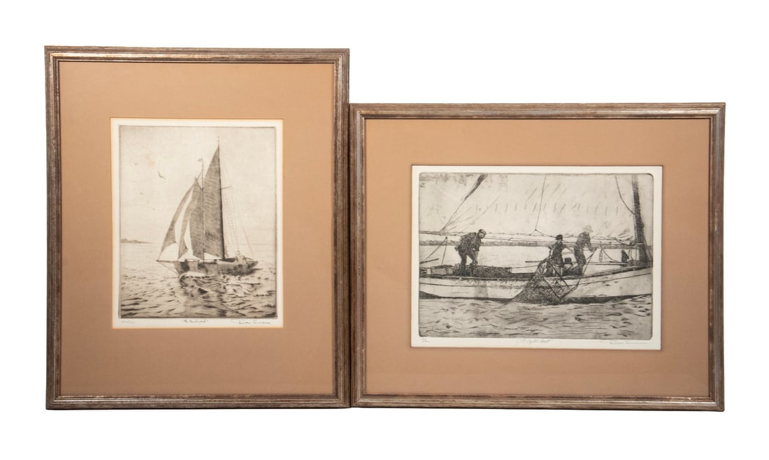 DON SWANN (MD, 1889-1954): DON SWANN (MD, 1889-1954) (2) Marine Etchings, signed, numbered and titled, including: "The Amberjack", 230/300, "The Oyster Boat", 53/300. In matching silver molded frames with tan mats under glass.