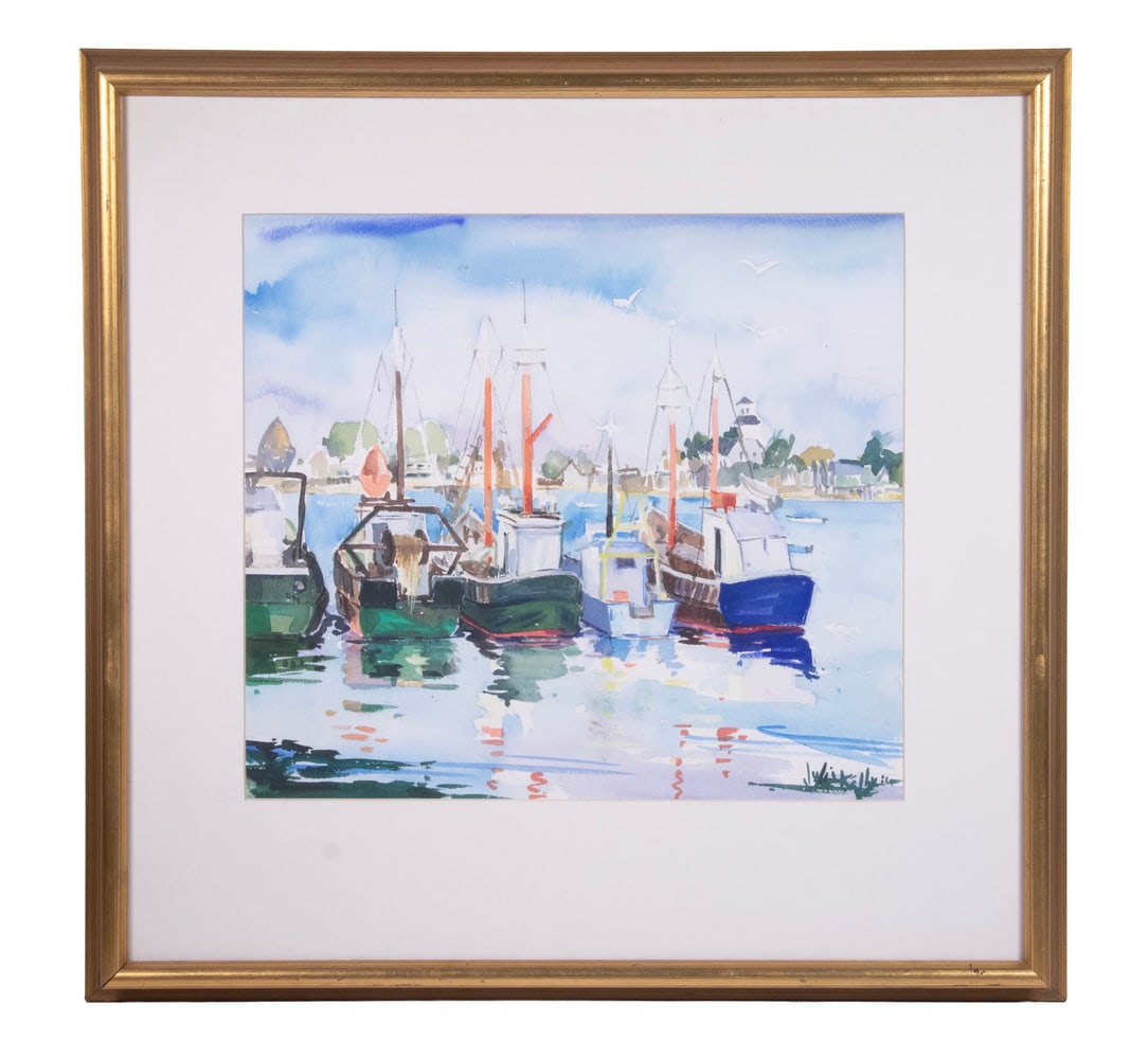 JULIA KELLY (CONTEMPORARY MAINE): JULIA KELLY (CONTEMPORARY MAINE) Lobster Boats in Harbor, watercolor on paper, signed lower right, in gold reverse ogee frame, matted under glass. OS: 22 1/2 x 23 in. (57.2 x 58.4 cm.)