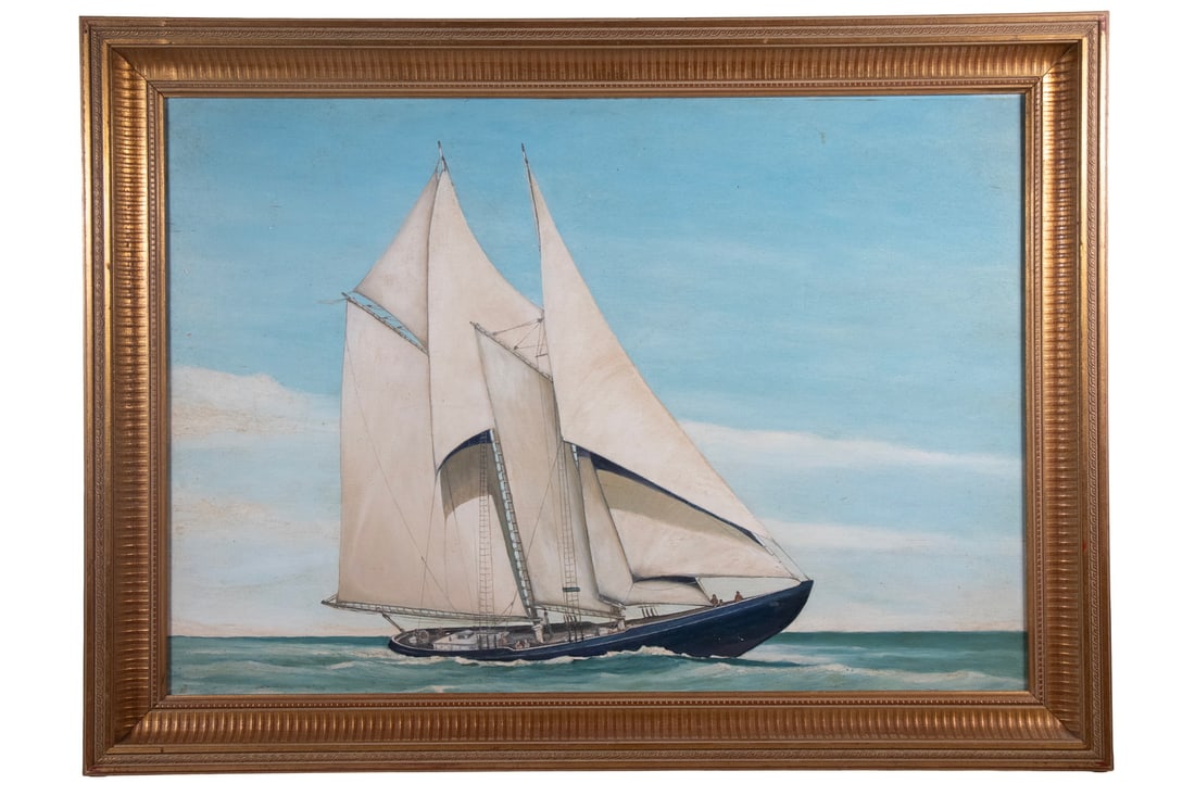 UNSIGNED MARINE PORTRAIT: UNSIGNED MARINE PORTRAIT Black Hulled Coastal Schooner Underway, oil on board, unsigned, circa 1960's, in gold cove frame. OS: 23 1/2 x 32 in. (59.7 x 81.3 cm.), SS: 19 x 27 in. (48.3 x 68.6 cm.)
