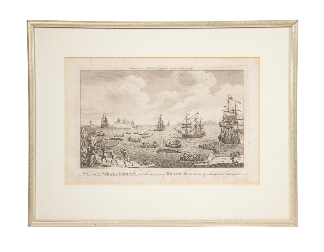 LATE 18TH C. WHALING ENGRAVING: LATE 18TH C. WHALING ENGRAVING "A View of the Whale Fishery, and the Manner of Killing Bears Near & on the Coast of Greenland", 1788, engraved for Bankes's New System of Geography, in silver stick fra