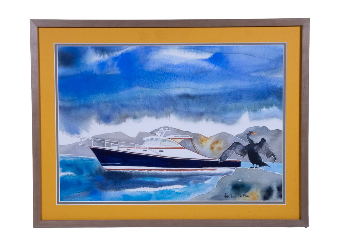 KATHLEEN A. FOX (CONTEMPORARY MAINE): KATHLEEN A. FOX (CONTEMPORARY MAINE) A Cruiser and a Cormorant, watercolor on paper, signed lower right, in grey wood stick frame, under glass and yellow mat. OS: 18 x 24 in. (45.7 x 61 cm.), SS: 13