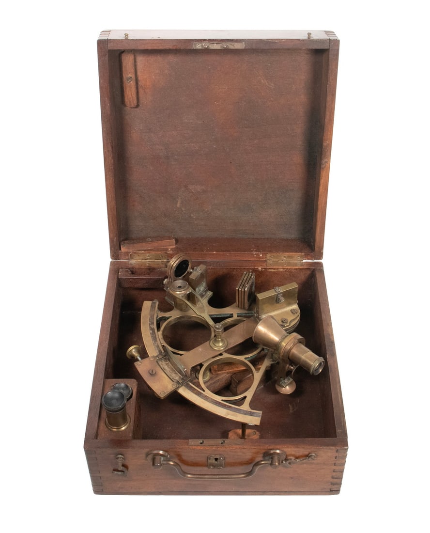 CASED BRASS MARINE SEXTANT BY C. PLATH, HAMBURG: CASED BRASS MARINE SEXTANT BY C. PLATH, HAMBURG Early 20th c. German Nautical Navigational Tool, by C. Plath (Hamburg) in brass, with six swing arm filters and unusual eye piece adjustment, with C.