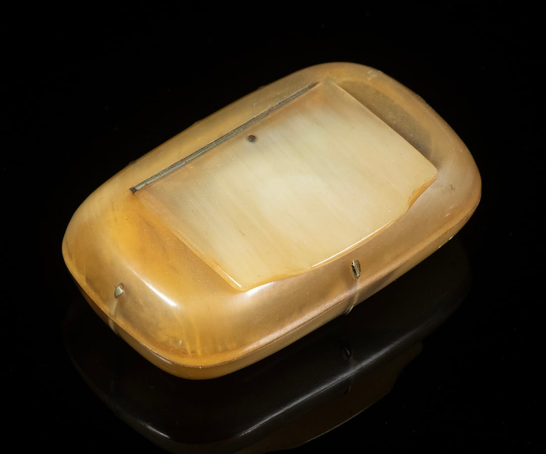 EARLY HORN SNUFF BOX: EARLY HORN SNUFF BOX Early 19th c. Rectangular Snuff Box, in polished golden color cow horn, with hinged lid. Size: 2 3/4 x 1 3/4 x 1 in. (7 x 4.4 x 2.5 cm.)
