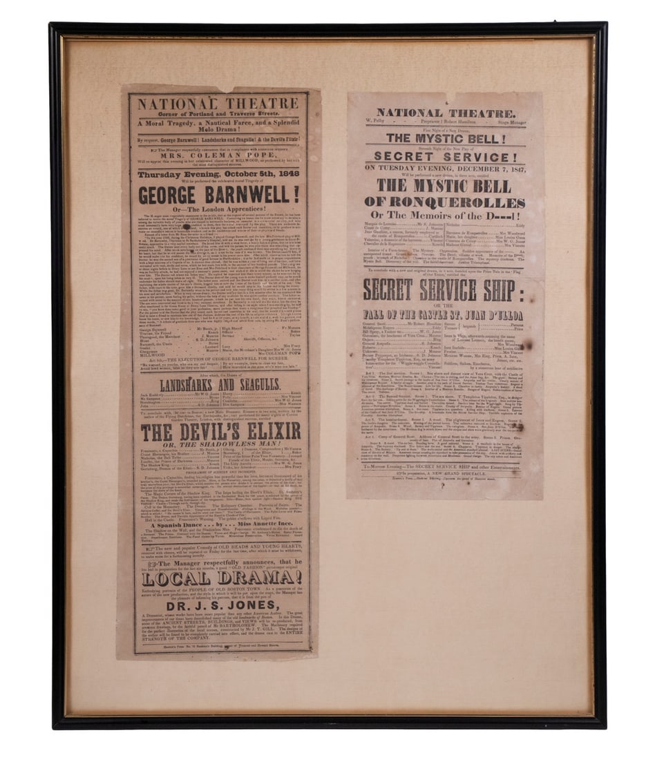 TWO THEATRE HANDBILLS, 1840'S BOSTON, IN ONE FRAME: TWO THEATRE HANDBILLS, 1840'S BOSTON, IN ONE FRAME Both from the National Theatre at the corner of Portland and Traverse Sts. For October 5th, 1848 for "George Barnwell" & The Devil's Elixir"; PLUS De