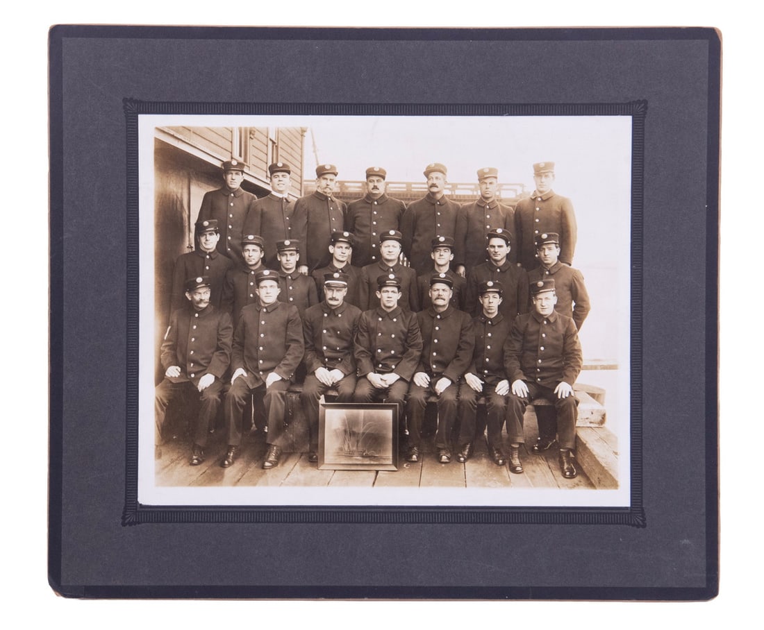 RARE 1909 PHOTO CREW OF SAN FRANCISCO FIREBOAT: RARE 1909 PHOTO CREW OF SAN FRANCISCO FIREBOAT "Dennis T. Sullivan", on duty from the Embarcadero 1909-1954, the first assigned to that harbor, built by Risdon Iron & Locomotive Co. This is the first
