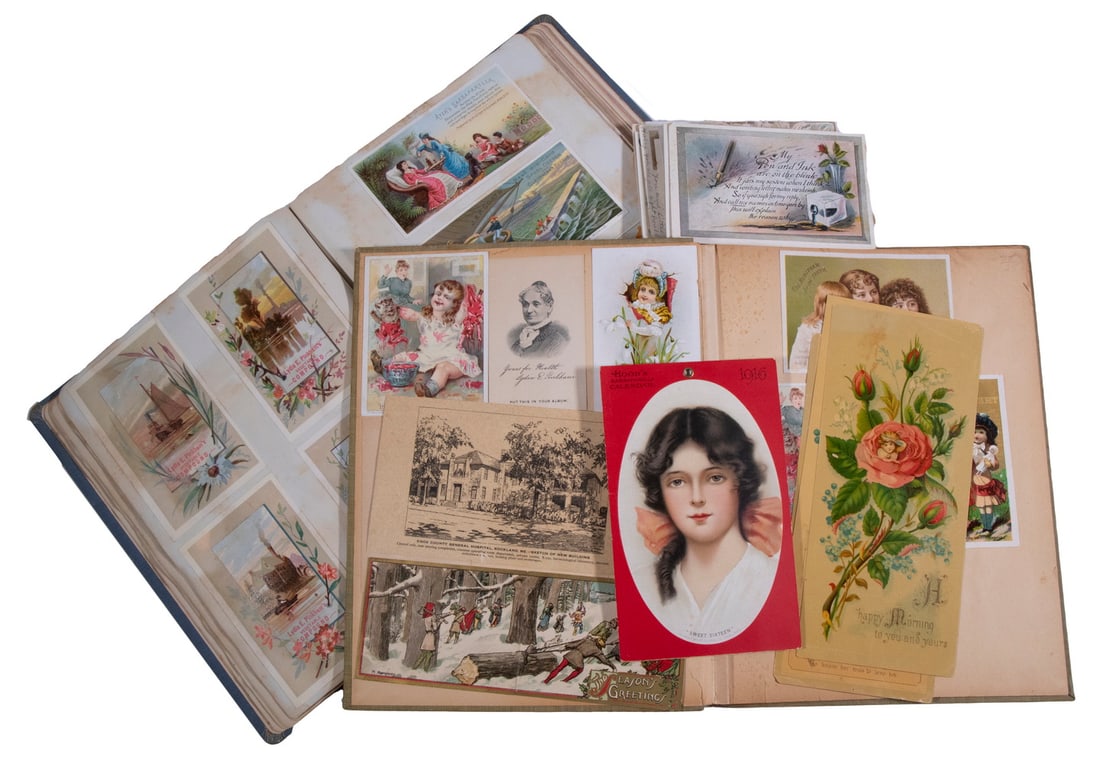 (265) CA 1900-1920 TRADE CARDS & DIE-CUTS, GLUED IN (2) ALBUMS & LOOSE (1 of 2)