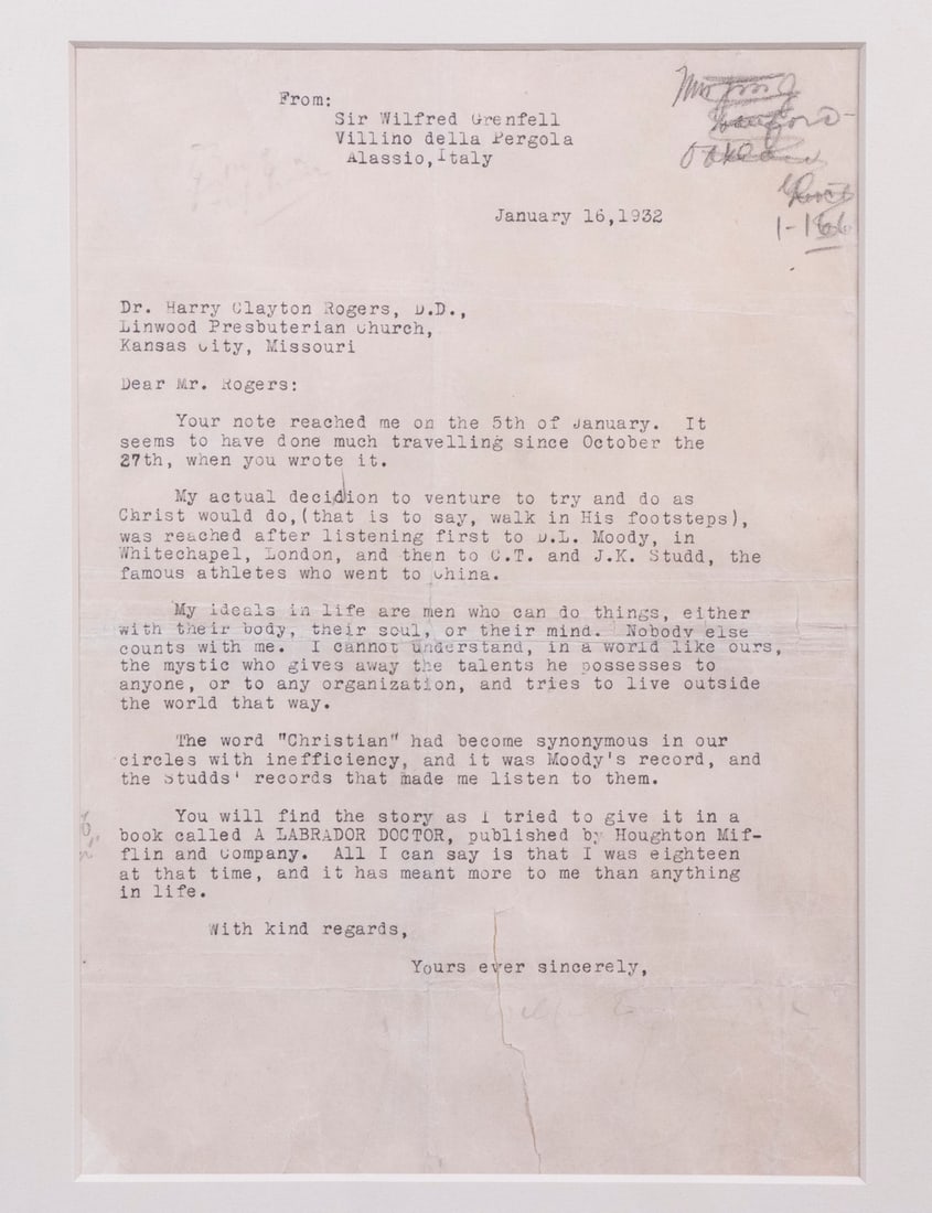 TLS LETTER FROM SIR WILFRED GRENFELL, 1932 (1 of 2)