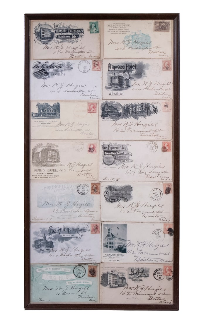 (14) MAINE/MASS HOTEL 1895 PRINTED ENVELOPES, MAILED TO BOSTON, IN ONE FRAME: (14) MAINE/MASS HOTEL 1895 PRINTED ENVELOPES, MAILED TO BOSTON, IN ONE FRAME Including: Knox House of Thomaston, Crosby Inn of Belfast, Springfield House of Nantucket, Beal's Hotel of Norway, Iyanough