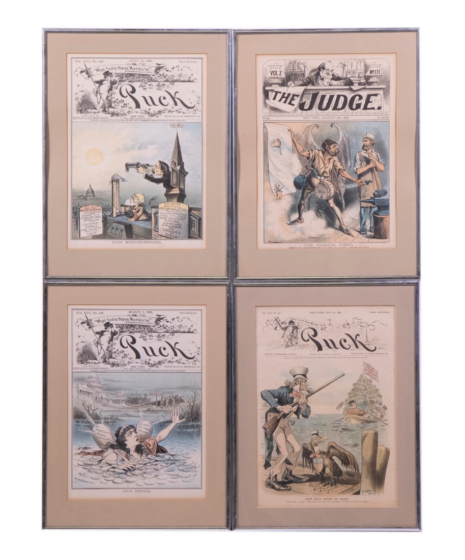 (3) FRAMED "PUCK" & (1) "THE JUDGE" ILLUSTRATIONS, SMALL CHROME FRAMES (1 of 5)
