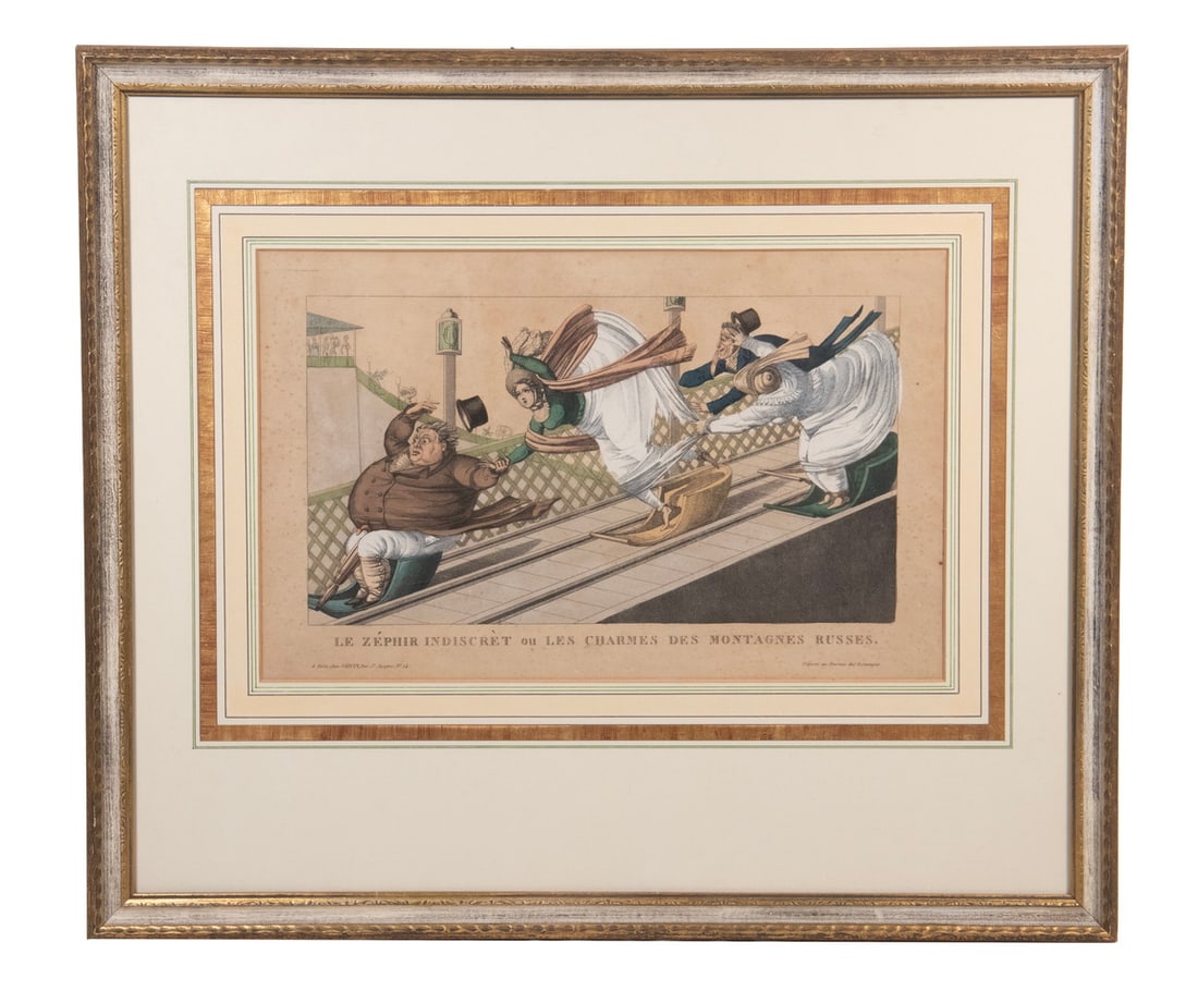 EARLY FRENCH HUMOROUS PRINT AT THE AMUSEMENT PARK (1 of 2)