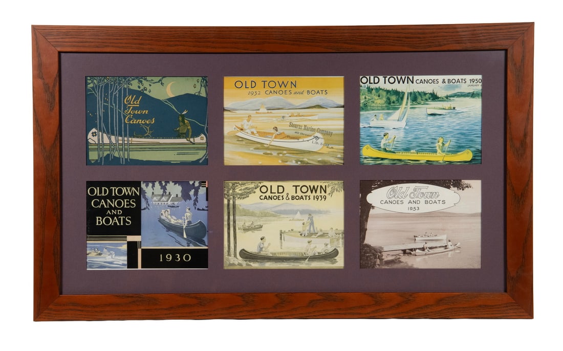 (6) OLD TOWN MAINE CANOE CATALOGS IN ONE FRAME: (6) OLD TOWN MAINE CANOE CATALOGS IN ONE FRAME Reprints of Ols Town Canoes & Boats Catalogs from 1930-1953, offset photo lithos in oak panel frame, with six-widow mat under glass. OS: 18 x 31 in. (45.