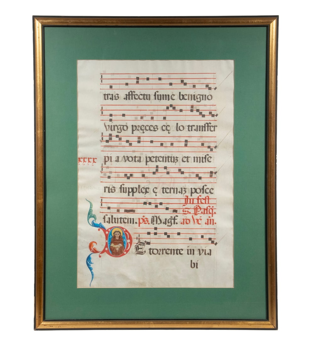 18TH C. ANTIPHONAL MUSIC MANUSCRIPT PAGE, FRAMED (1 of 2)
