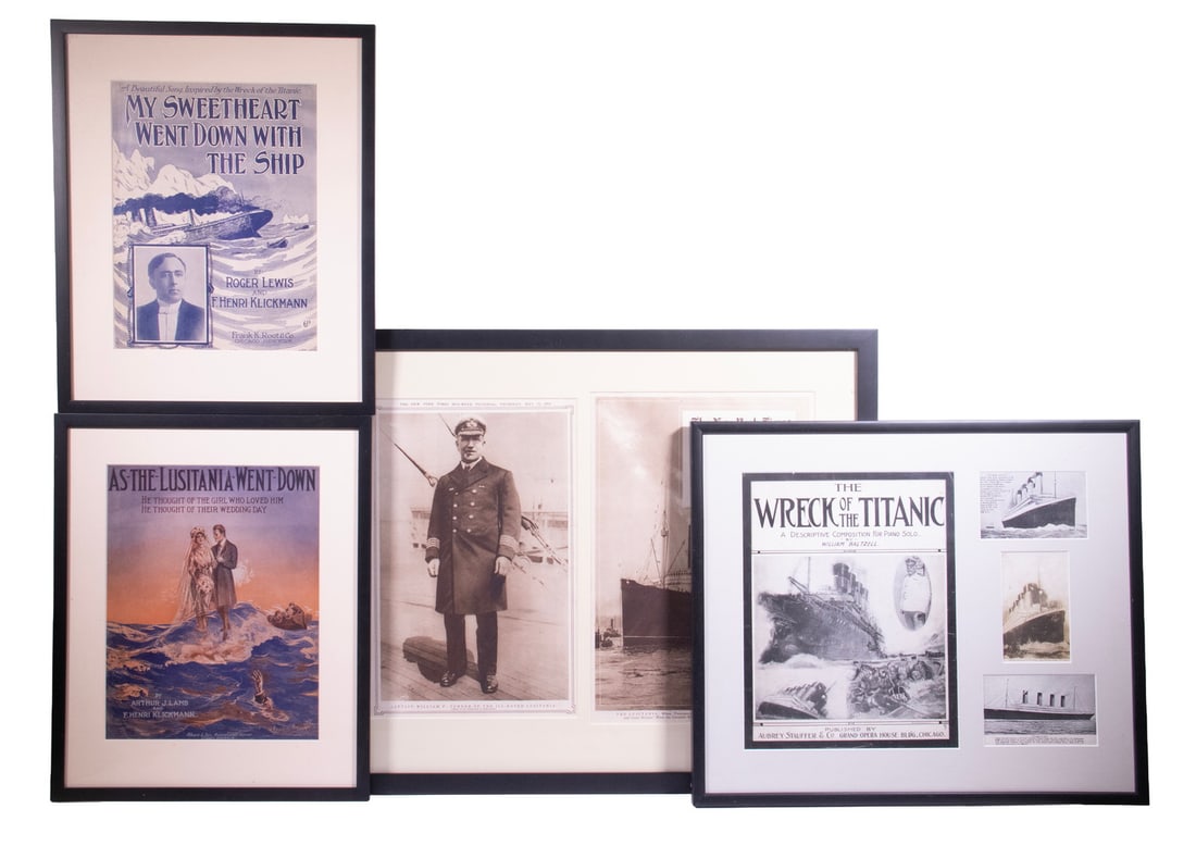 (4 PCS) TITANIC / LUSITANIA EPHEMERA, FRAMED (1 of 2)