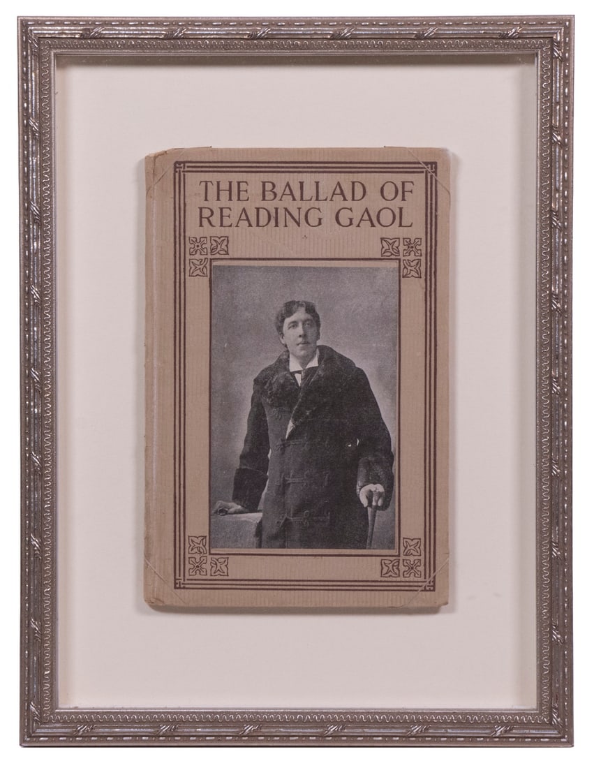 SCARCE EDITION OSCAR WILDE, FRAMED: SCARCE EDITION OSCAR WILDE, FRAMED "The Ballad of Reading Gaol", by Oscar Wilde, with Thomas Crowell photo cover, 1910. In silverleaf shadowbox frame, set by corners on white board under UV glass. OS: