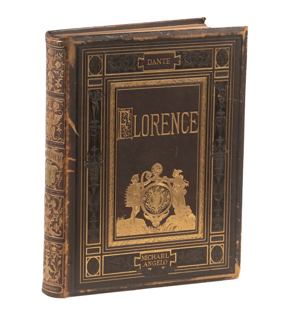 1882 LEATHER BOUND FOLIO BOOK ON FLORENCE ITALY, ORNATE BINDING: 1882 LEATHER BOUND FOLIO BOOK ON FLORENCE ITALY, ORNATE BINDING "Florence: Its History, The Medici, The Humanists, Letters, Art", First edition, New York, Scribner & Welford, 1882, 476 Pages, richly
