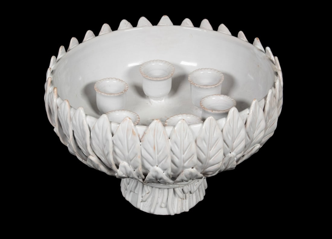 ITALIAN GLAZED POTTERY VASE / CANDLE HOLDER: ITALIAN GLAZED POTTERY VASE / CANDLE HOLDER Vintage White Glazed Ceramic Bowl, with exterior molded bundle of leaves decoration, the interior with six candle sockets and centered with flower