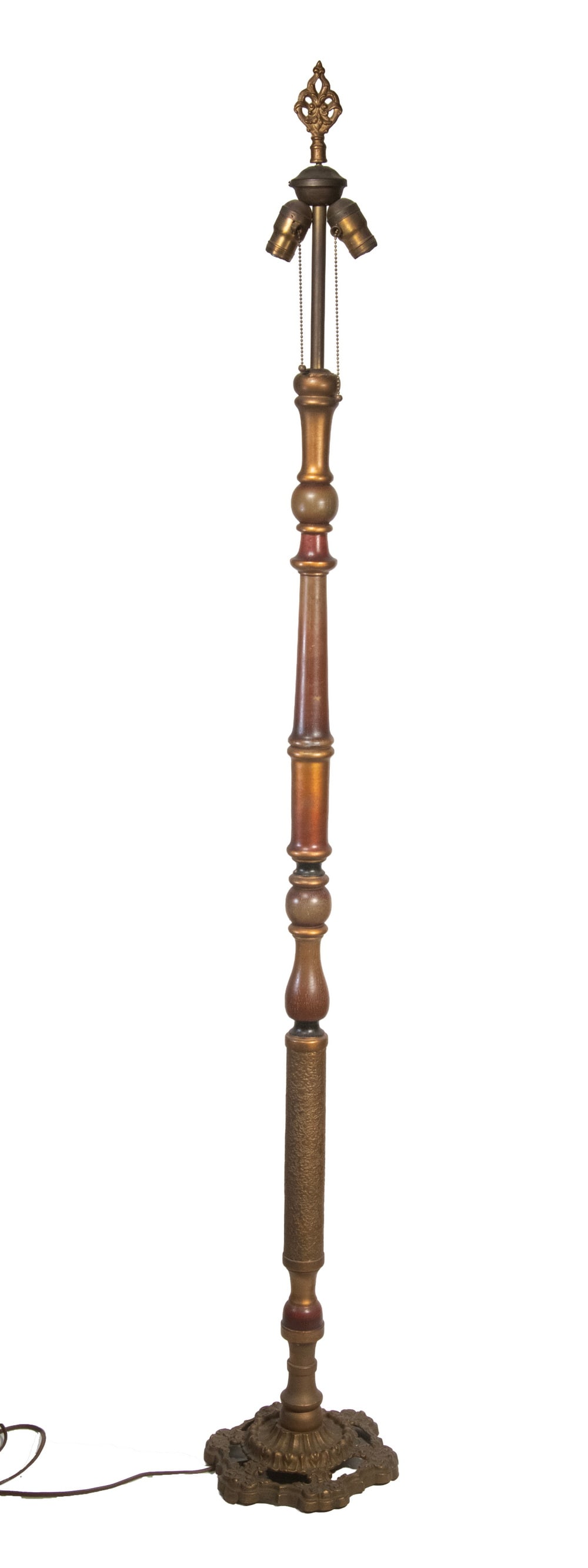 CIRCA 1930 POLYCHROME WOOD FLOOR LAMP: CIRCA 1930 POLYCHROME WOOD FLOOR LAMP Two Socket Straight Floor Lamp with pierced brass foot, gold and brick red paint, two pull-chain sockets, original brass finial. No shade. Height: 65 in. (165.1