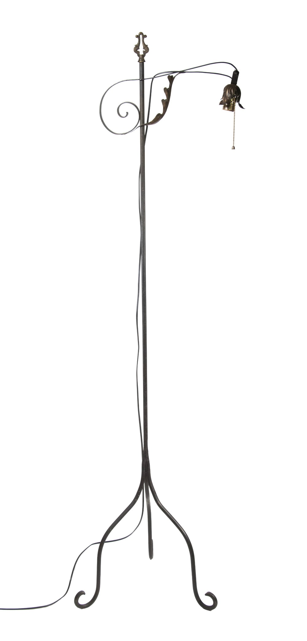 CIRCA 1930 COLONIAL STYLE IRON BRACKET FLOOR LAMP: CIRCA 1930 COLONIAL STYLE IRON BRACKET FLOOR LAMP Forged Wrought Iron Round Stock Stand with three arched scroll foot base, the bracket of flat stock with pressed brass dressing, is sprung for height