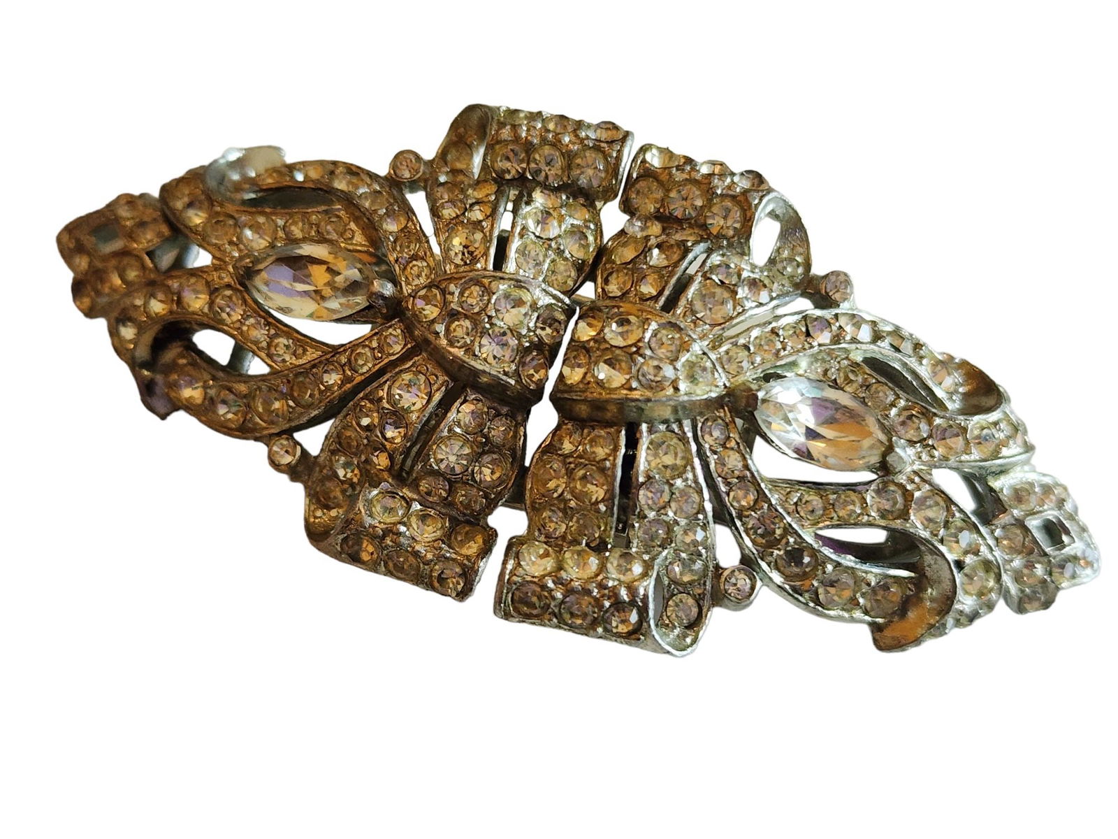 Vintage Rare Coro Duette Fur Clip Brooch: Size: 3.25" Color: Silver, Clear Condition: Good vintage; some darkened stones. Signed: Coro Details: The pin mechanism is signed.