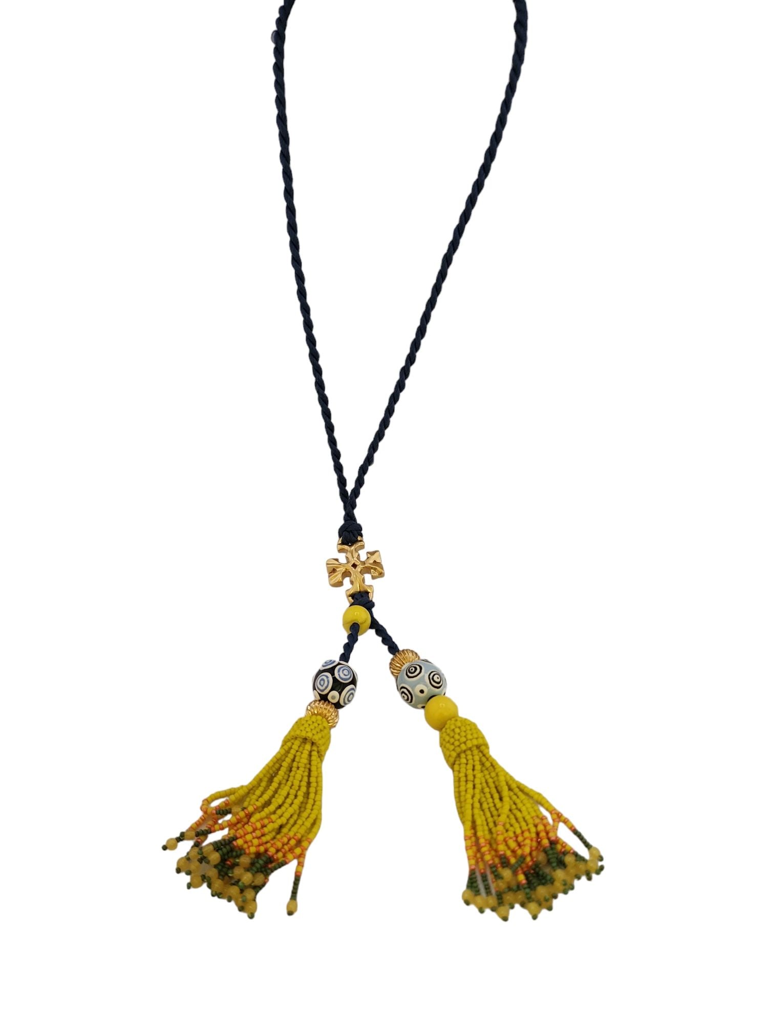 Vintage Tory Burch Rope And Tassel Necklace: Size: about 42" Color: Yellow, Black Condition: Very good vintage Details: glass beads, a heavy logo in the center, a fancy clasp?these cost upwards of $100 when found.
