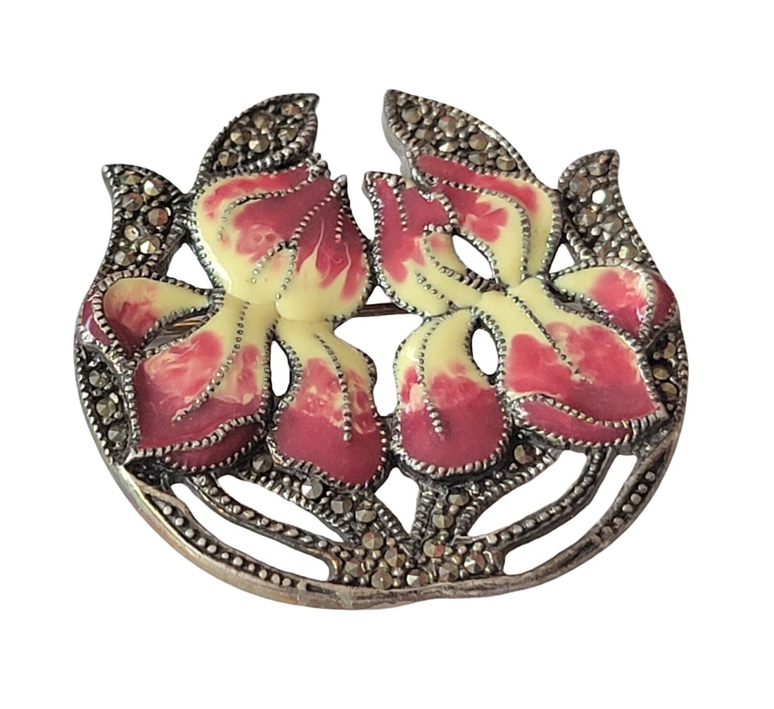Art Nouveau 925 Sterling Enamel Marcasite Iris Flower Brooch Pin (1 of 4)