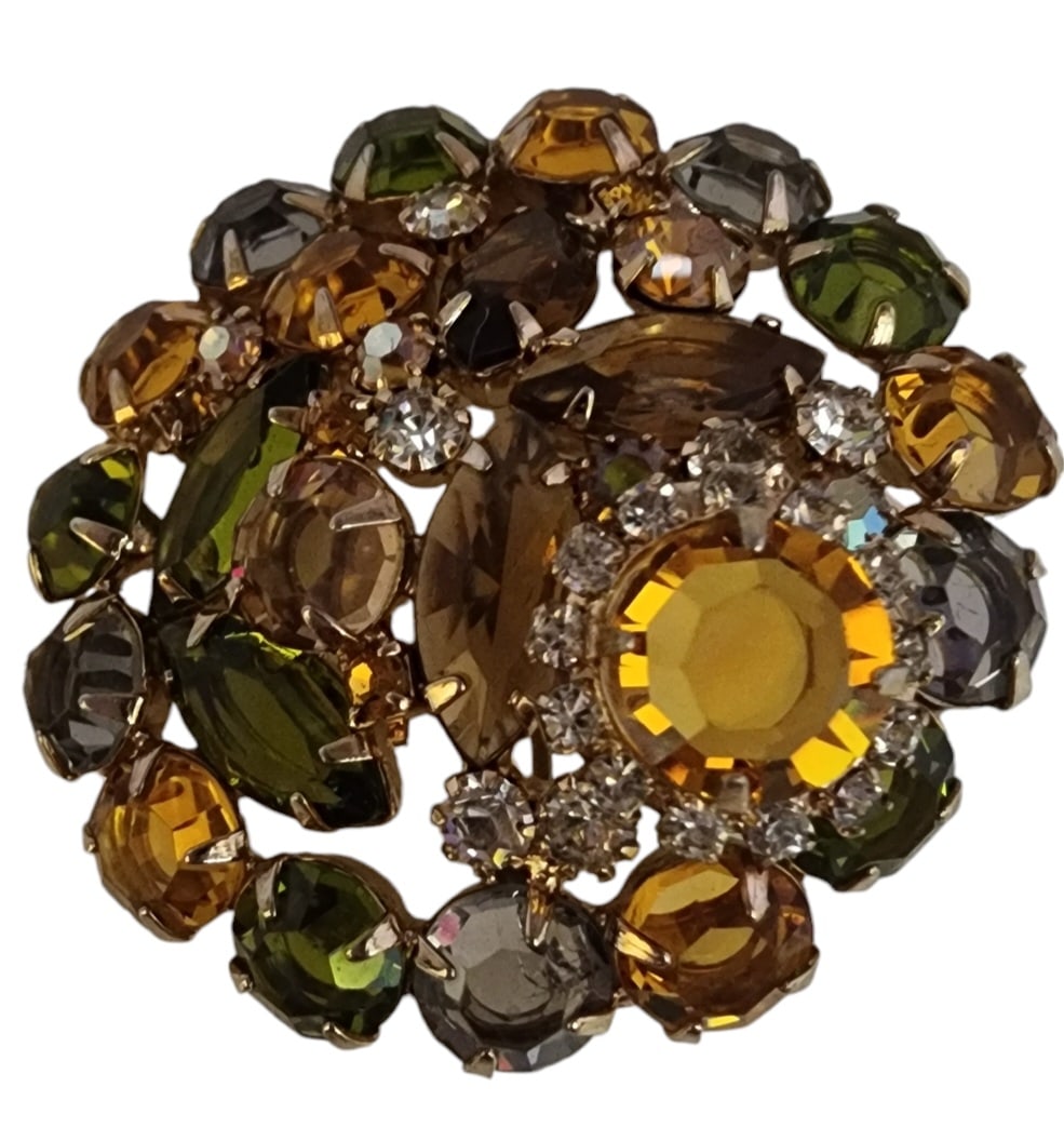Stunning unsigned tri color dimensional rhinestone brooch (1 of 3)