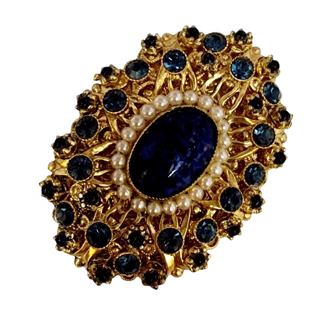 Vintage Czech glass brooch: Believe this is Czech, well made, layered piece, fancy back, center is either stone or glass, about 2". WE OFFER IN-HOUSE SHIPPING AS WELL AS LIVE SHIPPING !! If you would like us to ship your item, P