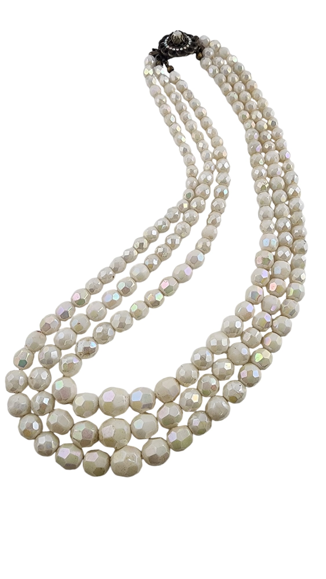 Vintage triple strand ab crystal necklace: 17" to 19", unsigned, well made, beautiful crystal beads, decorative fancy clasp. WE OFFER IN-HOUSE SHIPPING AS WELL AS LIVE SHIPPING !! If you would like us to ship your item, Please send us a messag