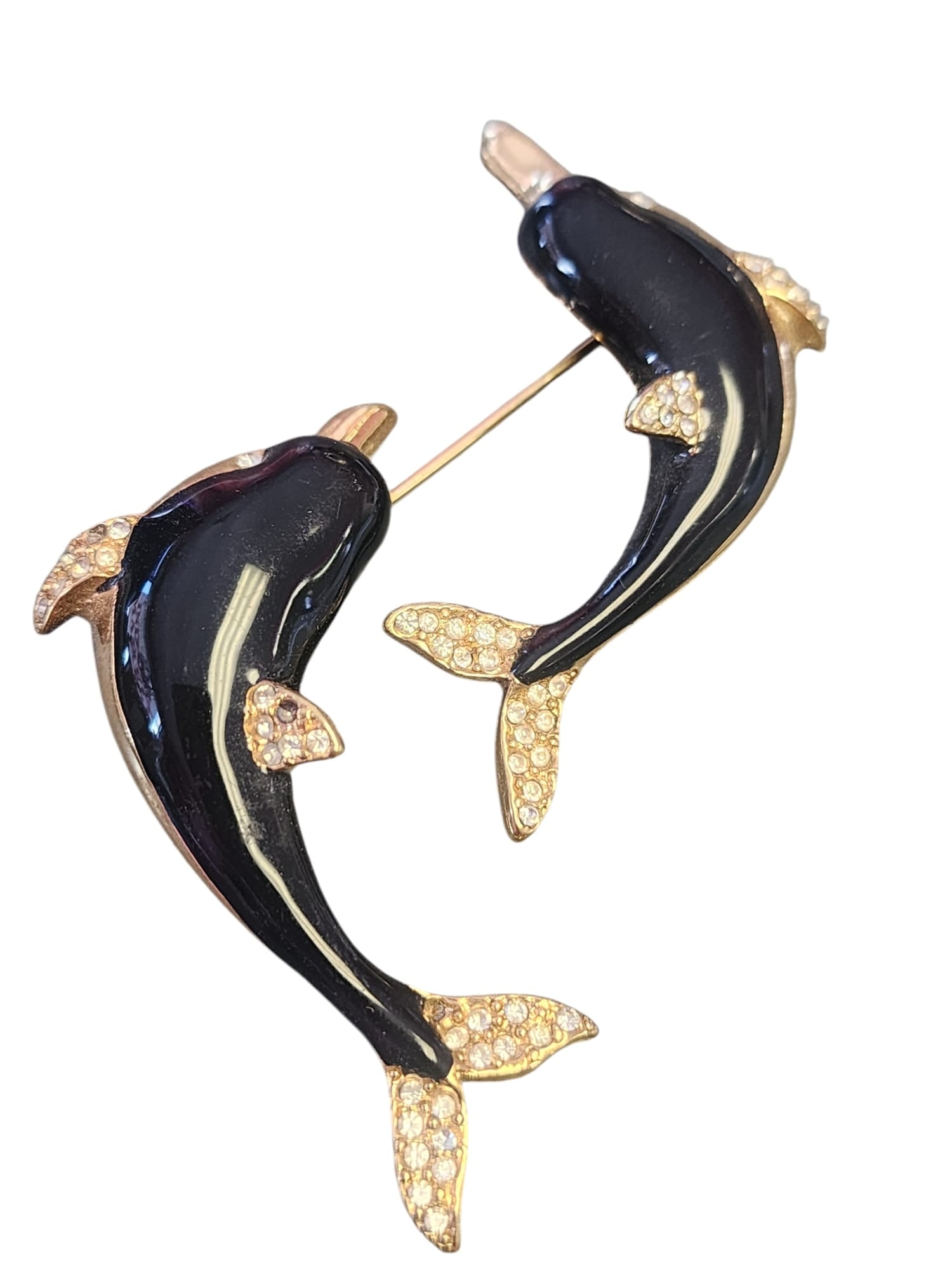 Signed Enamel KJL Dolphin Pin Duo Brooch (1 of 3)