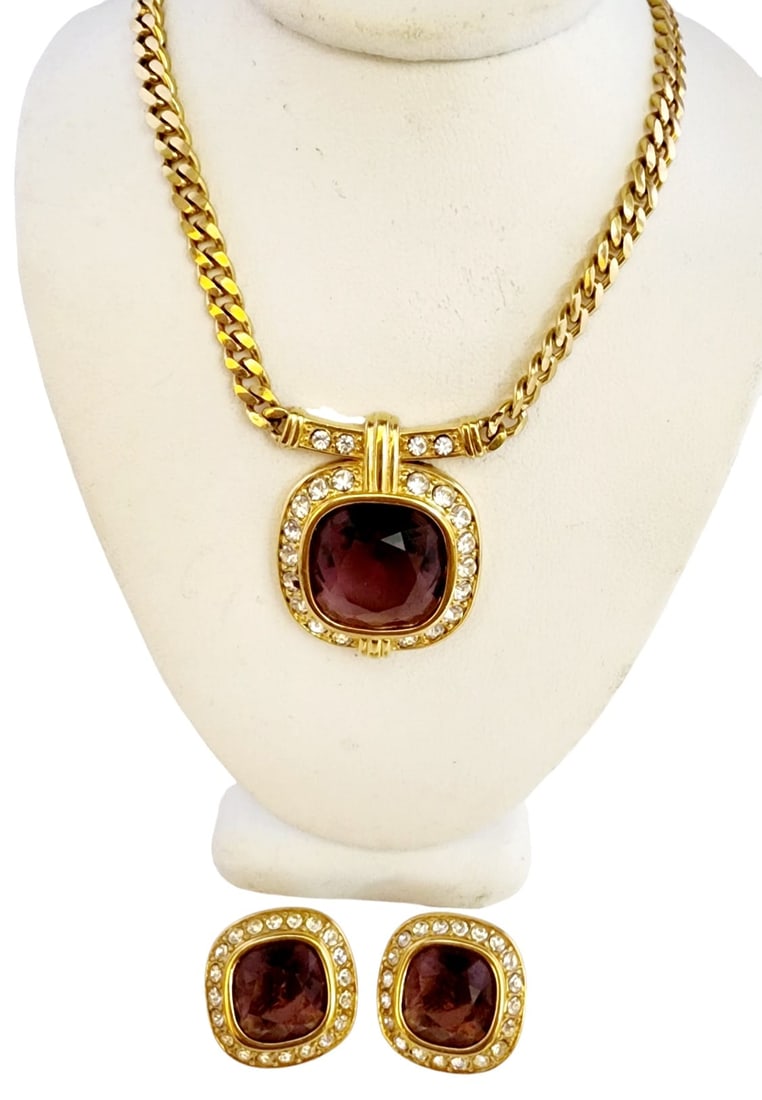 Stunning Signed Monet Glass and Rhinestone Pendant Necklace and Earrings: Absolutely a beautiful set, faceted glass, nice clear rhinestones. All pieces are signed.The necklace is 16.5", earrings are pierced, 1".This is a nice quality set. WE OFFER IN-HOUSE SHIPPING AS WELL 