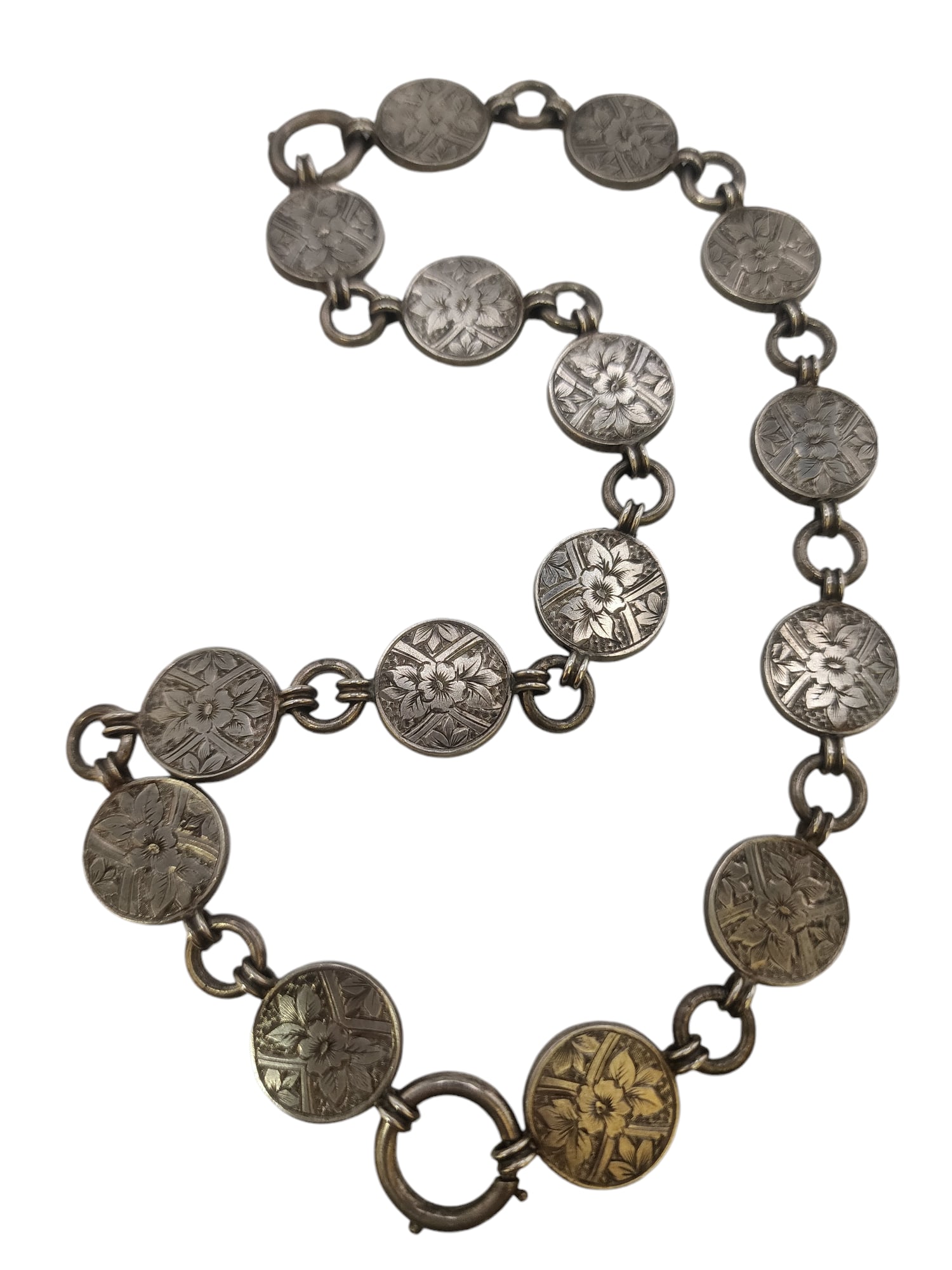 Antique Sterling Flower Coin Style Necklace: It look like 2 pieces, 1 is 9", 1 is 11", but can be worn as a necklace. Unique piece, in Good condition, 38 grams. WE OFFER IN-HOUSE SHIPPING AS WELL AS LIVE SHIPPING !! If you would like us to ship