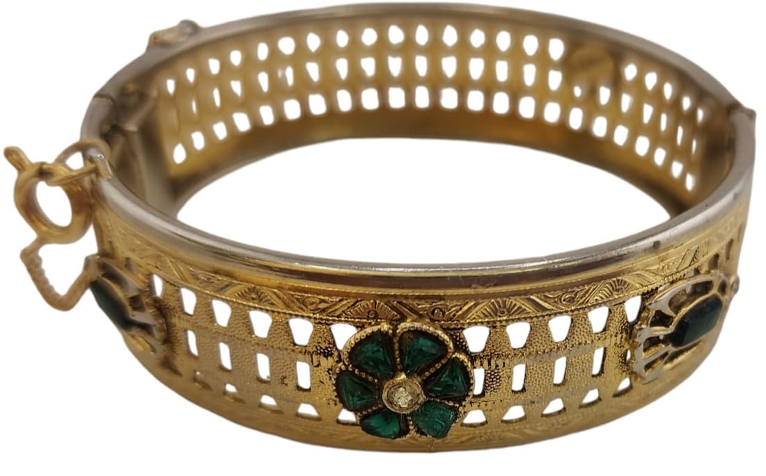 Vintage Pierced Freirich Rhinestone Flower Curved Bangle Bracelet (1 of 5)