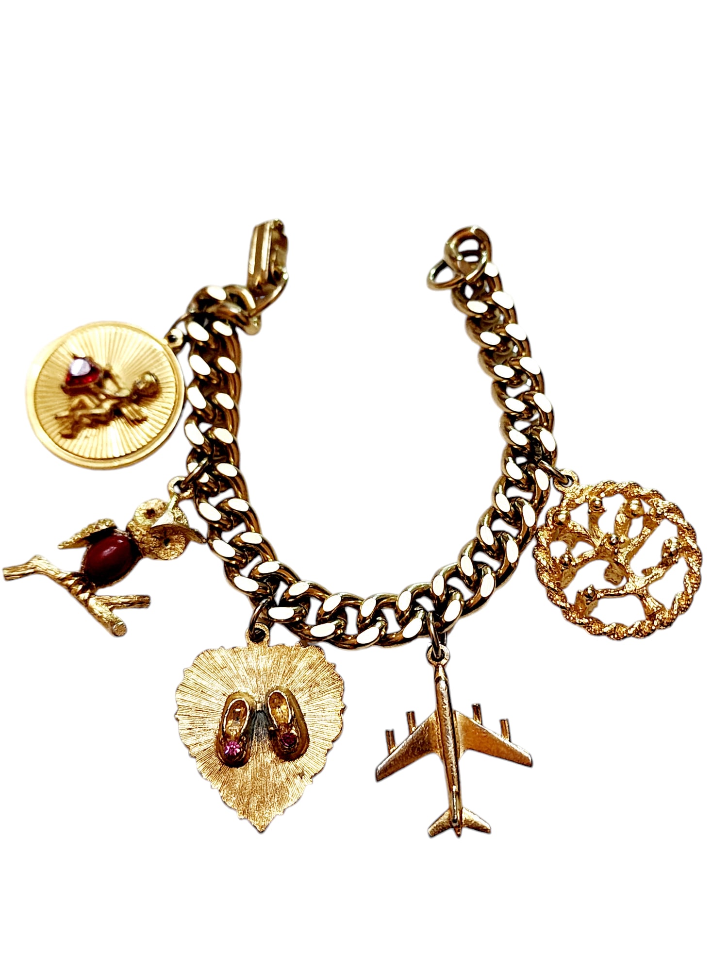 Vintage 60s Charm Bracelet: Size: 7" Condition: Good vintage; wear to some charms Signed: None Details: Nice heavy curb chain.