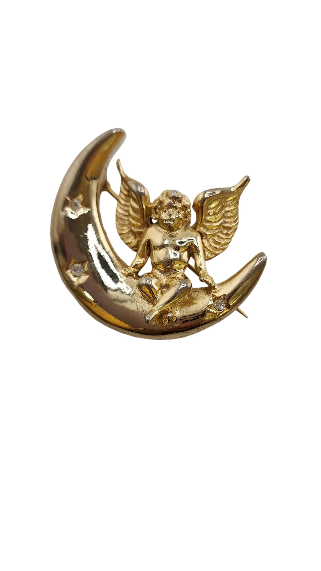 Signed Givenchy cherub and moon brooch: Signed, in amazing condition, heavy brooch, 2". WE OFFER IN-HOUSE SHIPPING VIA UPS AS WELL AS LIVE SHIPPING AND LOCAL PICK UP!