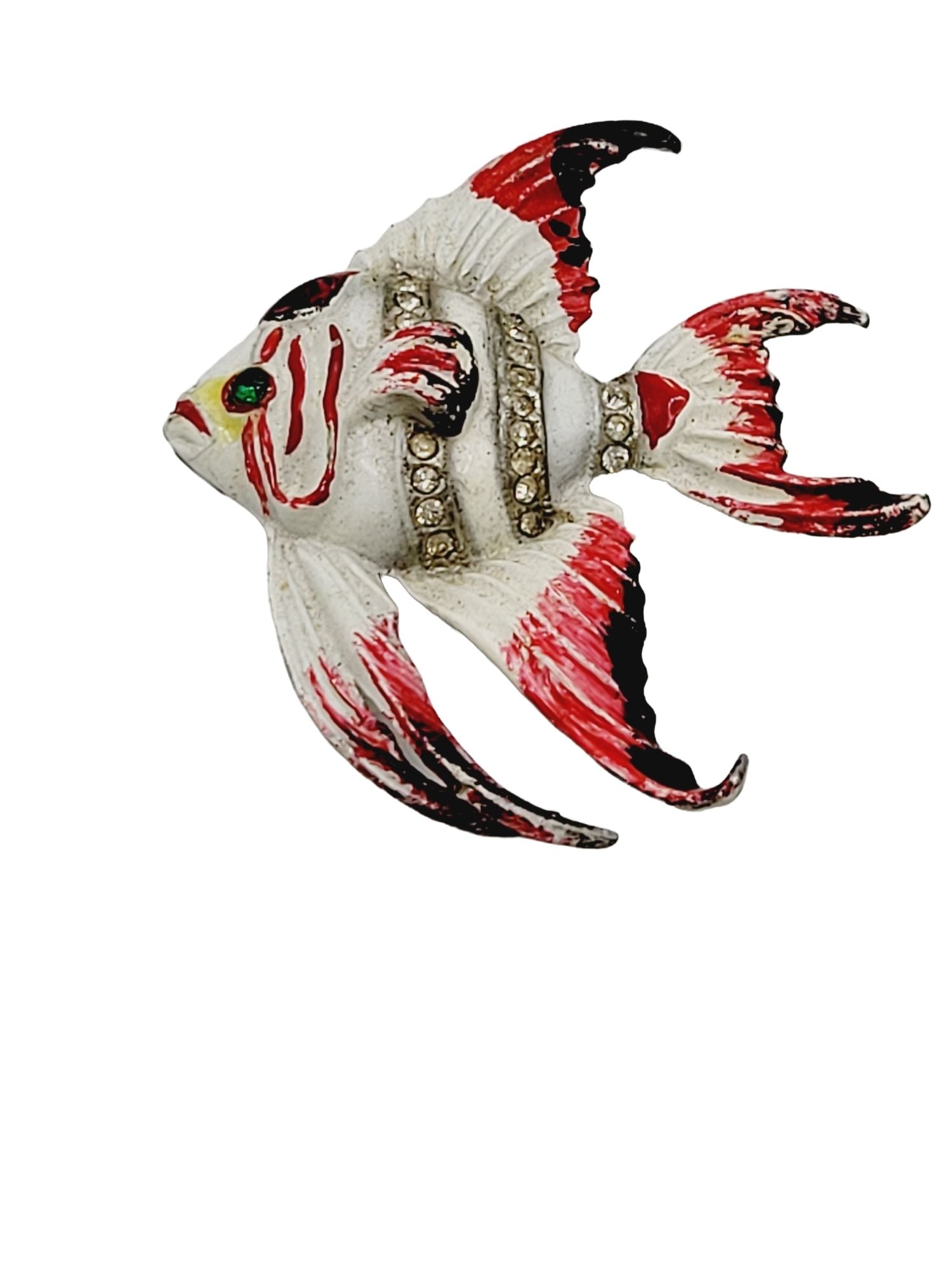 Vintage Coro Unsigned Angel Fish Fur Clip: Vintage fish fur clip, Enamel painted with white, red, black color. Eyes is studded with emerald stone and body has a 3 line of clear rhinestone. There a some enamel loss on this clip. Size: approx 2'