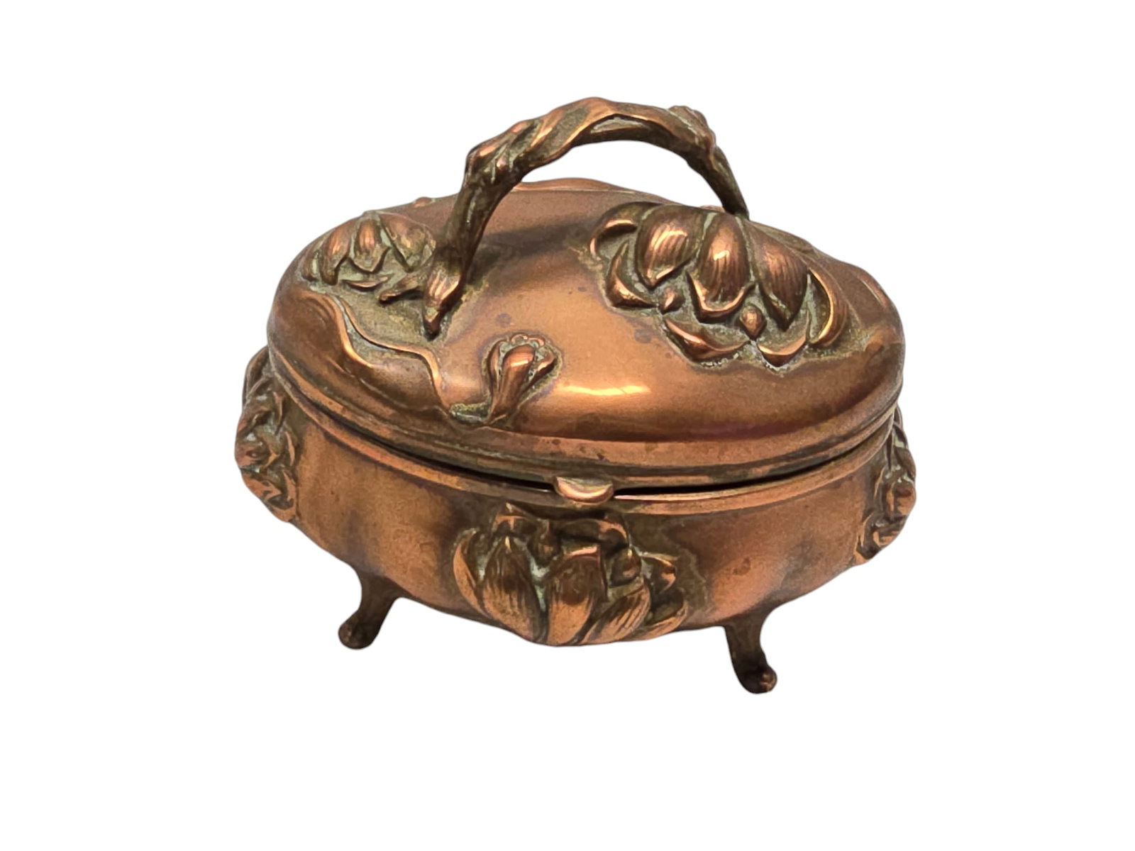 VINTAGE METAL ART NOUVEAU FOOTED JEWELRY CASKET: 5" x 4", GOOD CONDITION, COPPER COLOR. GREAT DETAIL HAS LOOSE MOHAR INSIDE.