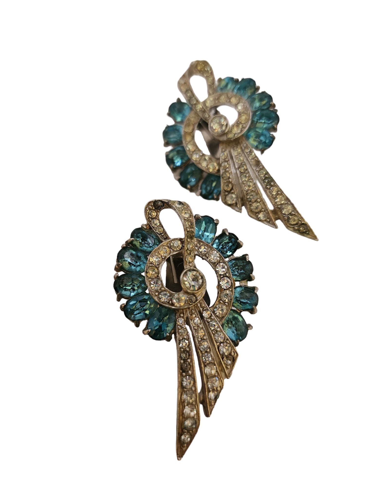 Vintage Unsigned Attributed To Joseph Mazer Huge Glass & Paste Clip Ear Climbers: Size: 2.25" Color: Clear, blue, silver Condition: Very good vintage; a few darkened stones Signed: None Details: wonderful rhodium plate and amazing blue glass stones. These looks like Mazer
