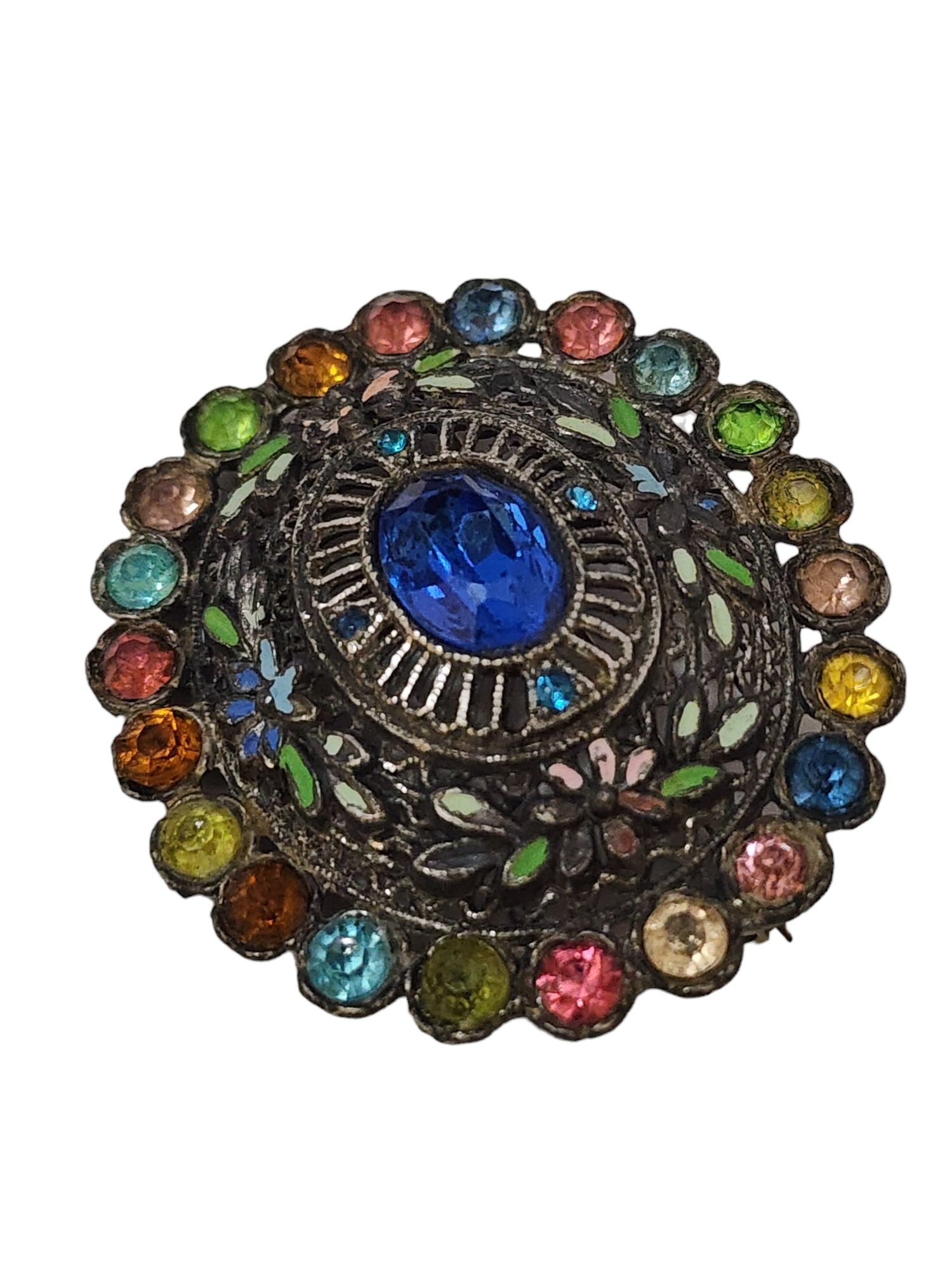 Vintage NE Glass Works Brooch: Size: 2" Color: Multicolor Condition: Good vintage; some darkening and enamel is not perfect Signed: It has chalice mark on the back for NE glass works