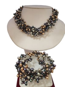 Vintage Real Dyed Rice Pearl, Crystal, Sterling Necklace & Bracelet Set