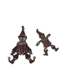 Vintage Pair of Articulating Clown Sterling Charms w/ Stones