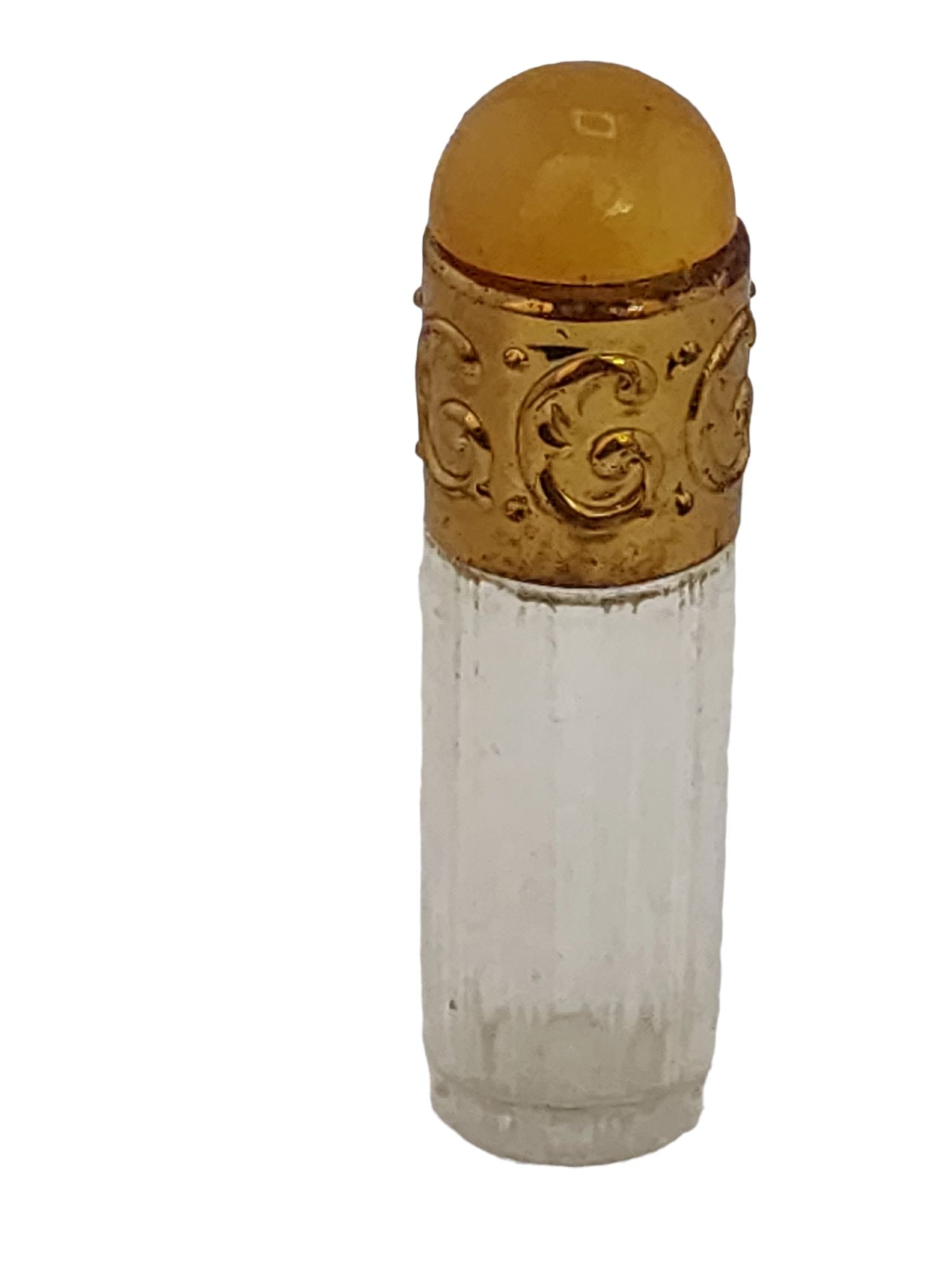 Vintage Fluted Glass Perfume Bottle w/ Glass Top: Size: 2.25" Color: Gold, clear Condition: Very good vintage; no dauber Signed: None Details: wonderful heavy glass.