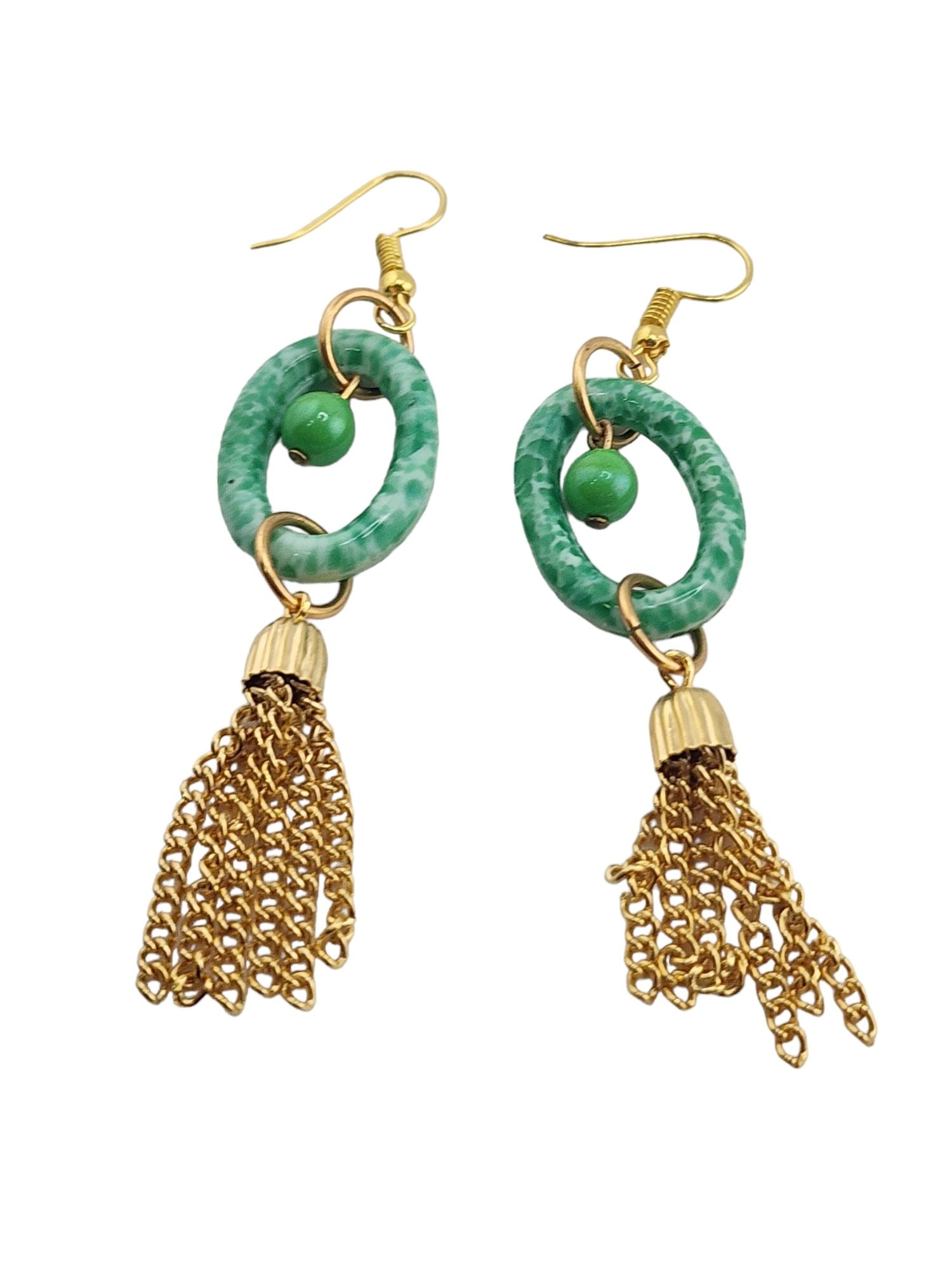 Vintage Mottled Green Glass Tassel Earrings: Size: 3.5" Color: Gold, Green Condition: Very good vintage Signed: None Details: Pierced earrings