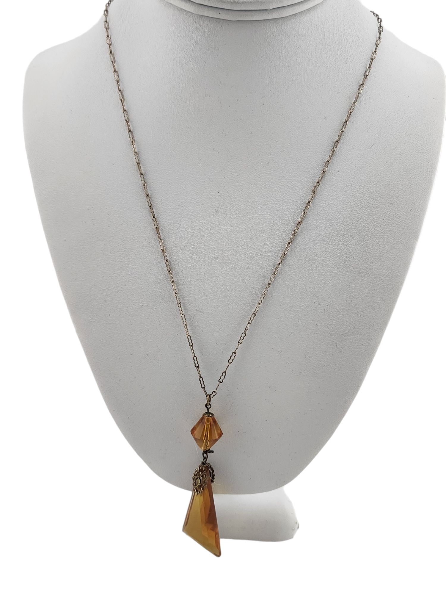 Vintage Czech Glass Pendant Necklace On Paper Clip Chain Necklace: Size: Necklace 24", Pendant 3" Condition: Good vintage; a few light chips at the bottom Signed: None Details: Original paper clip chain