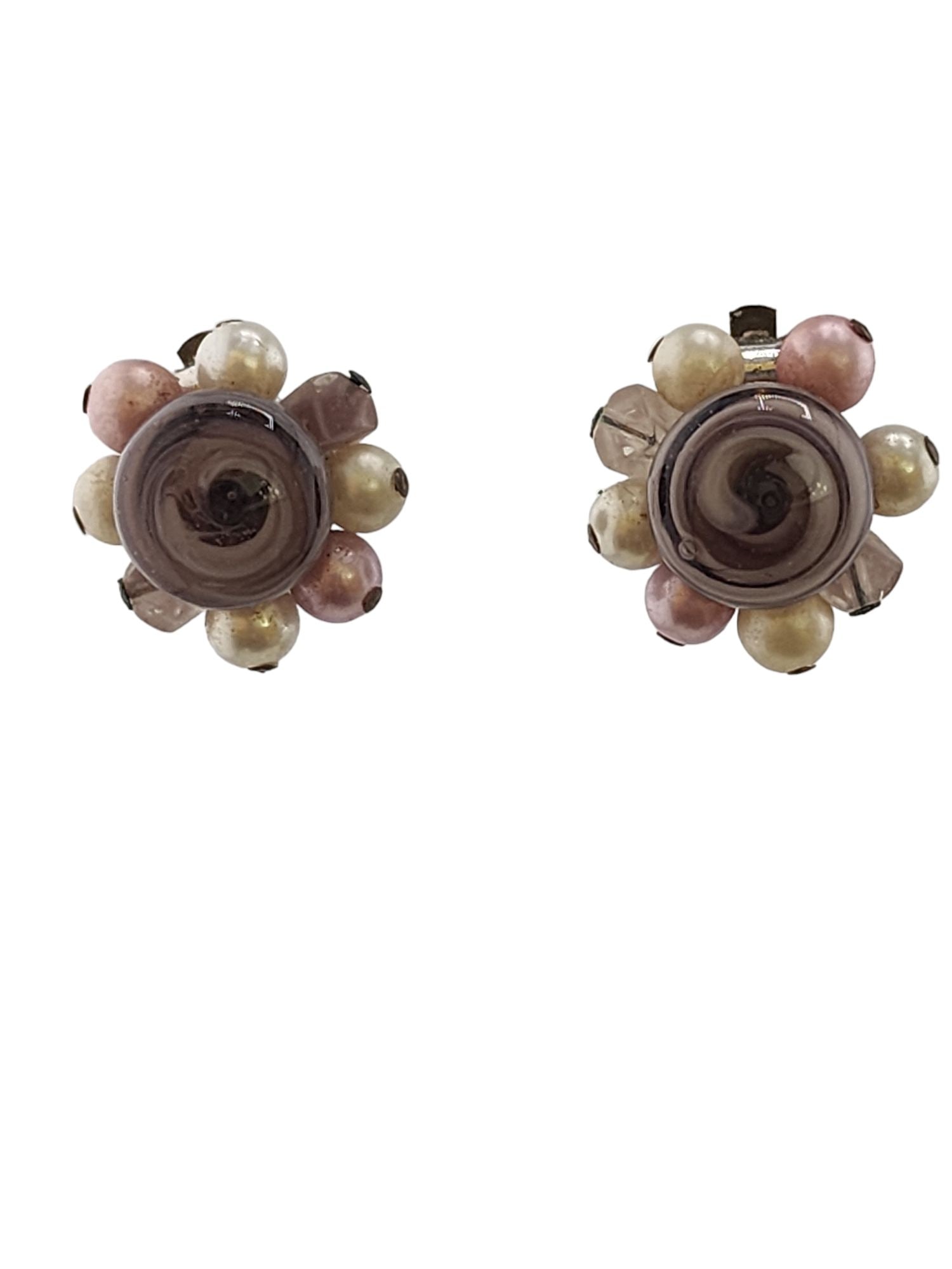 Vintage Glass Bulls Eye Glass Pearl Clip Earrings Marked Japan (1 of 6)